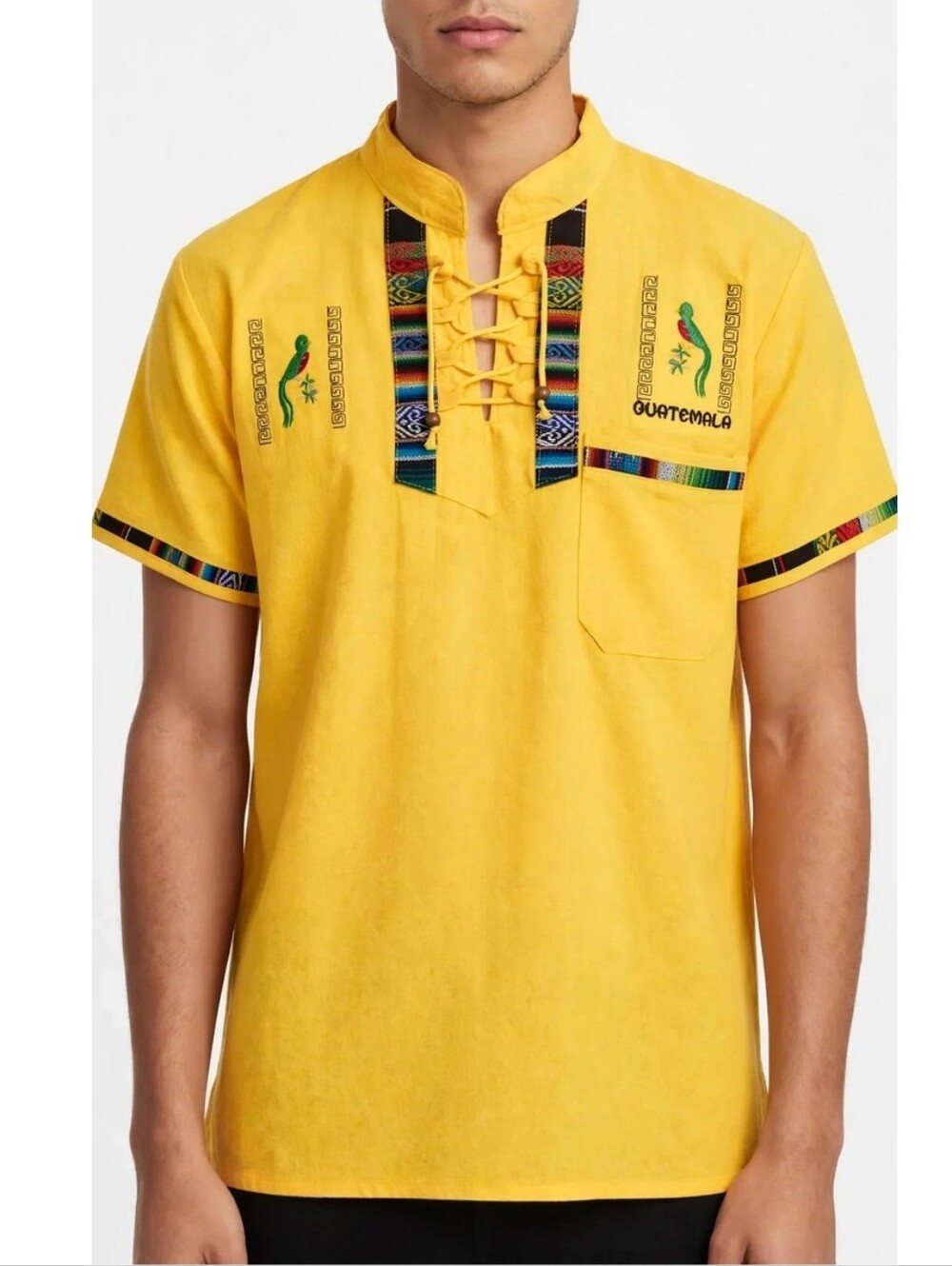 Guatemala Men's Yellow Embroidered Quetzal Shirt Boho Hippie Lace Up Top Size S